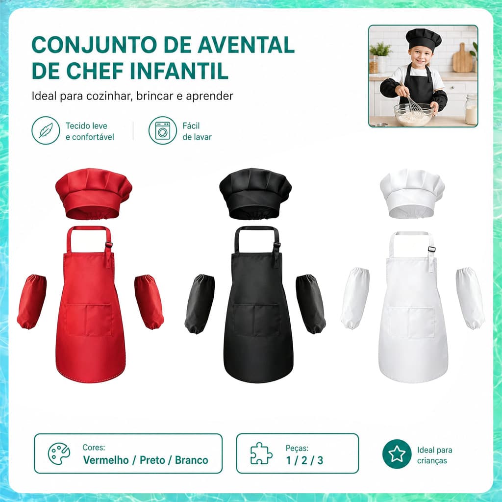 1/2/3 Kits Chef Infantil 62x46cm com Avental, Touca e Manguitos, Cores Vermelho Preto Branco para Arte e Culinária