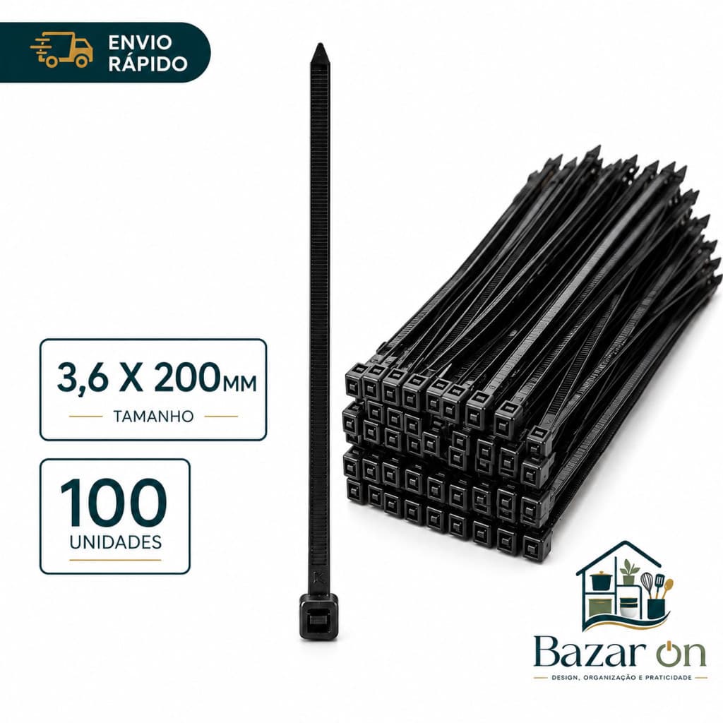 Kit 100 Abraçadeira Nylon 3,6x200mm Preta Enforca Gato Presilha Plastica Cinta Lacre De Segurança⁠