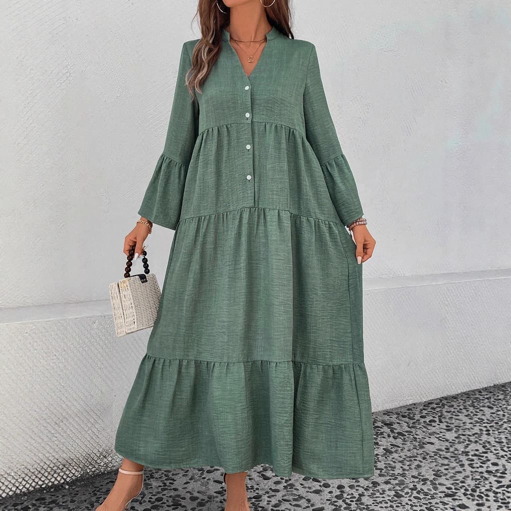 2026 outono inverno Cross-Border novo estilo feminino com decote em V manga comprida multicamadas plissado costura solta