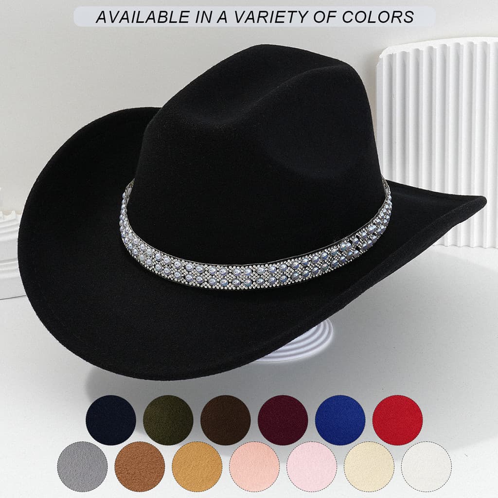 Alta qualidade masculino feminino estilo unissex chapéu de Cowboy de noiva de aba larga pérola Metal strass acessórios c