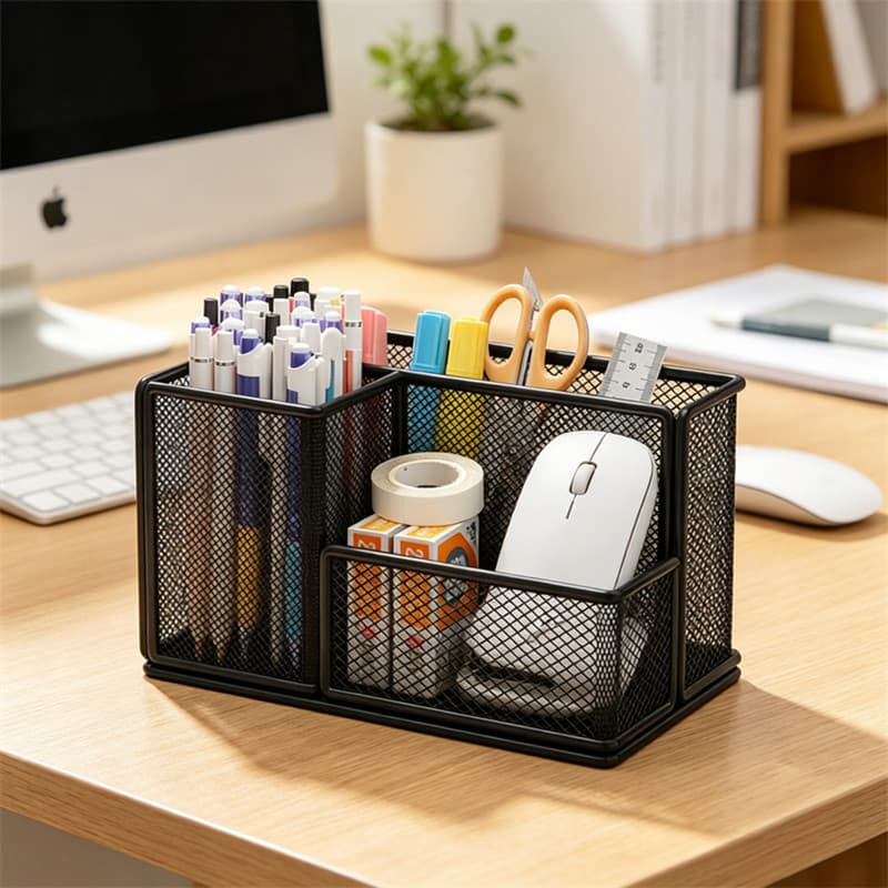 Porta-canetas Caixa de armazenamento de mesa de escritório Clássico Preto Grade redonda Porta-canetas de grande capacida