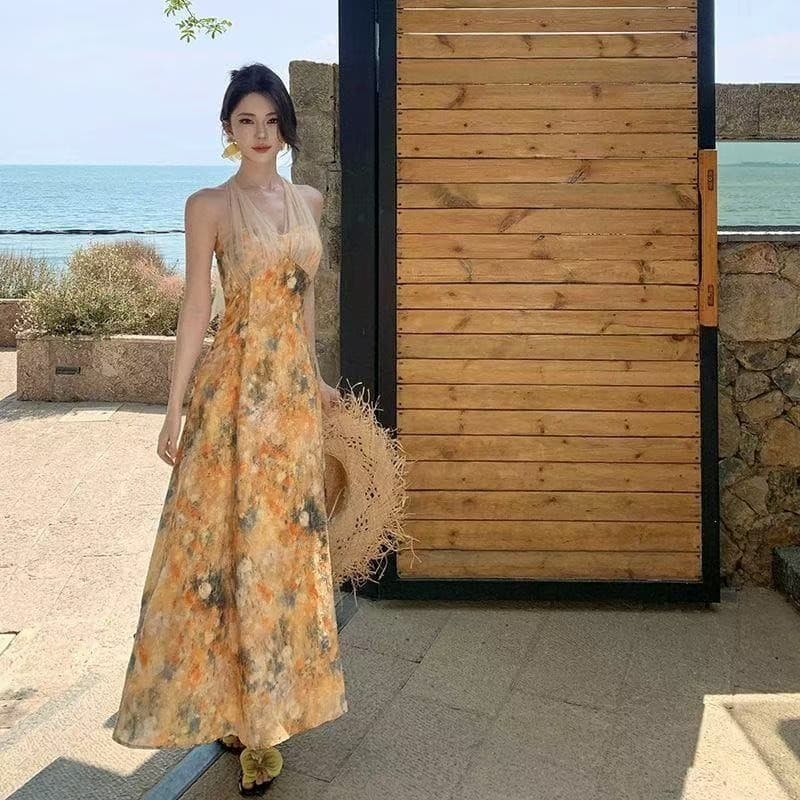 Monet Garden Amarelo Halter Vestido Pintura a Óleo Premium Dopamina Ilha Brilhante Praia Férias à beira-mar