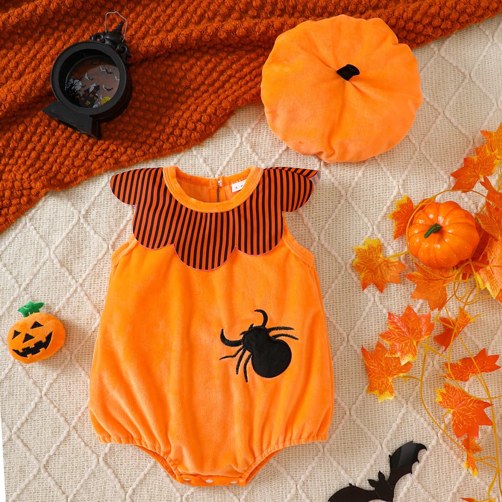 Bebê bebê macacão veludo manga voadora bordado abóbora chapéu 2026 Halloween bebê macacão