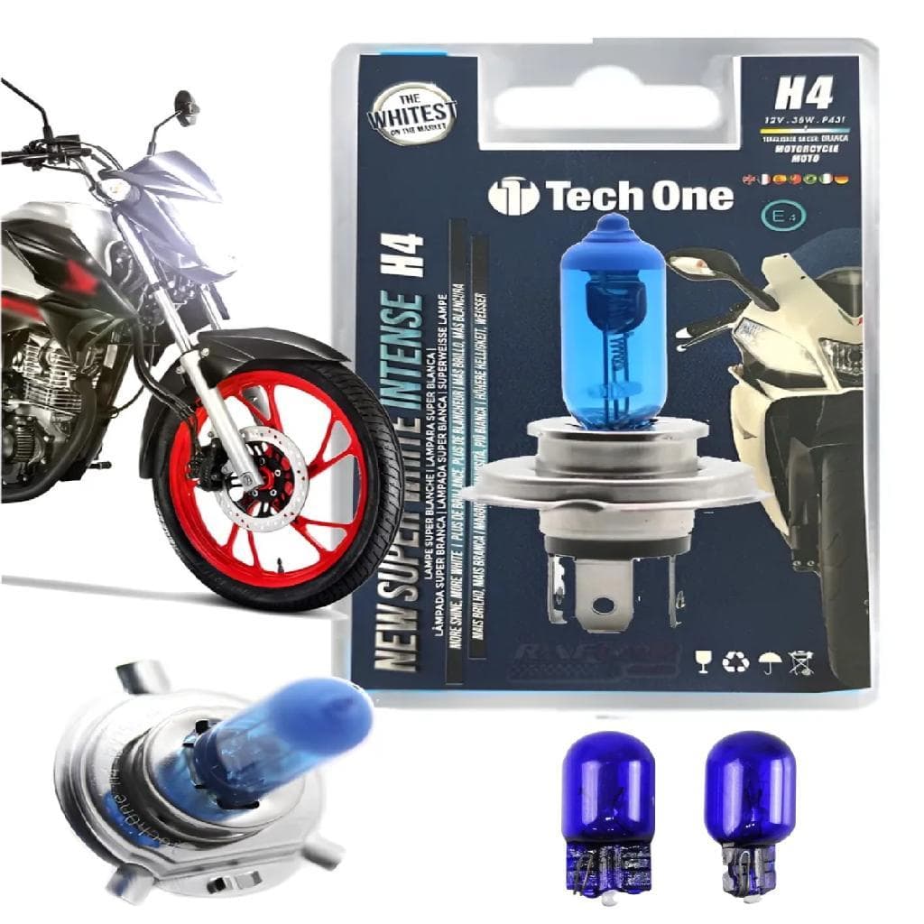 Kit Lâmpada H4 8500k 35w Farol Motos + w5w T10 P/ Placa + luva de instalação (CG BIZ POP NXR PCX XRE, FAZER YBR XTZ)