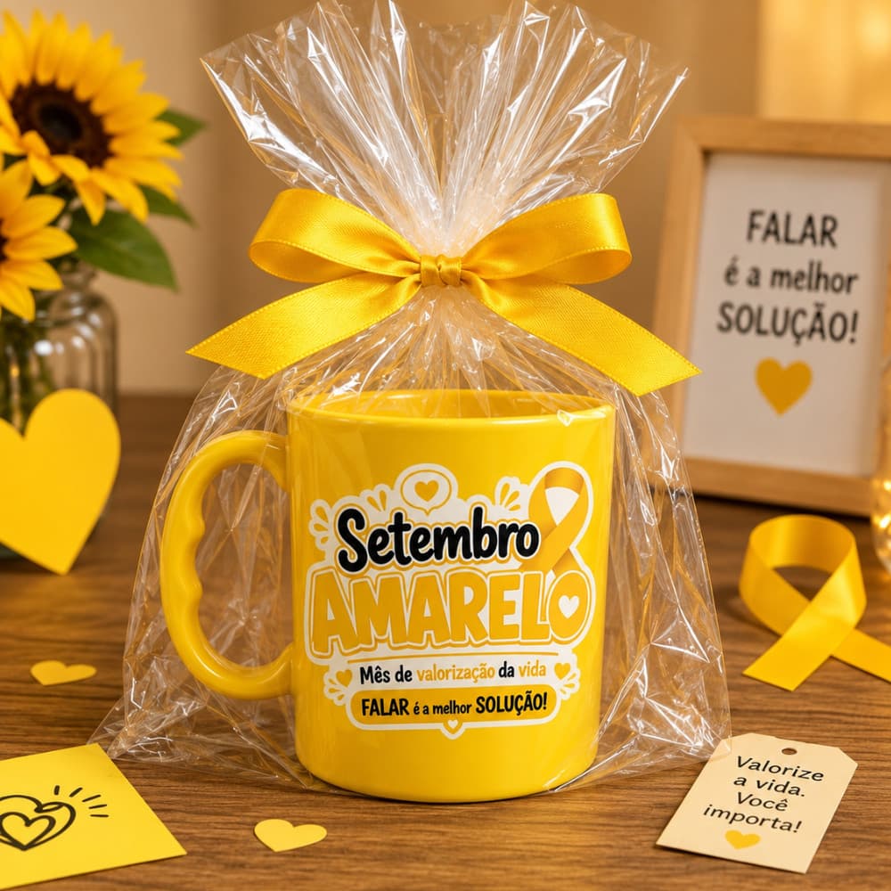 Kit 10 20 30 Canecas Setembro Amarelo 430ml Plástica Adesivada Lembrancinha de evento campanha