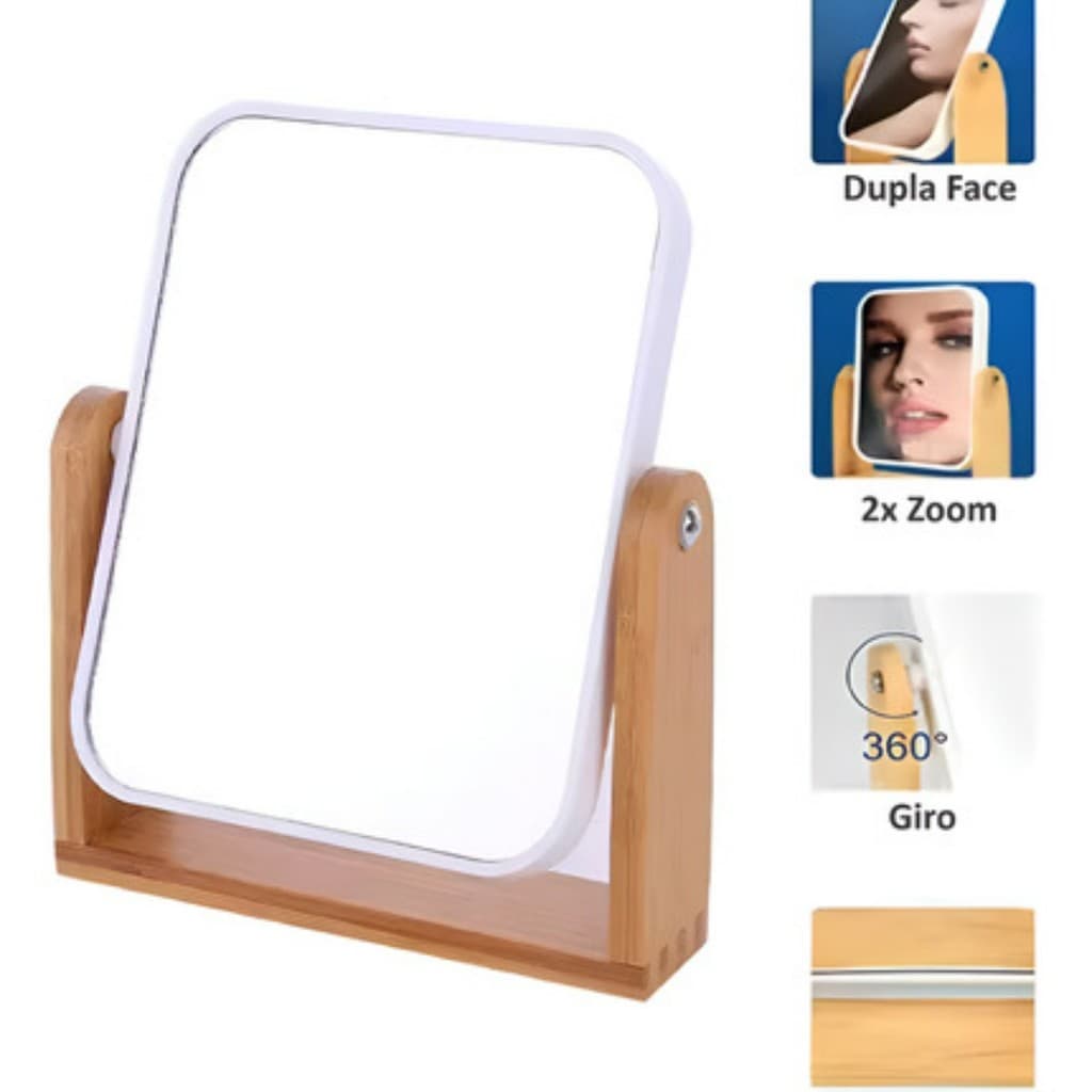 Espelho De Mesa Zoom 2x Dupla Face Suporte Bambu Giro 360°