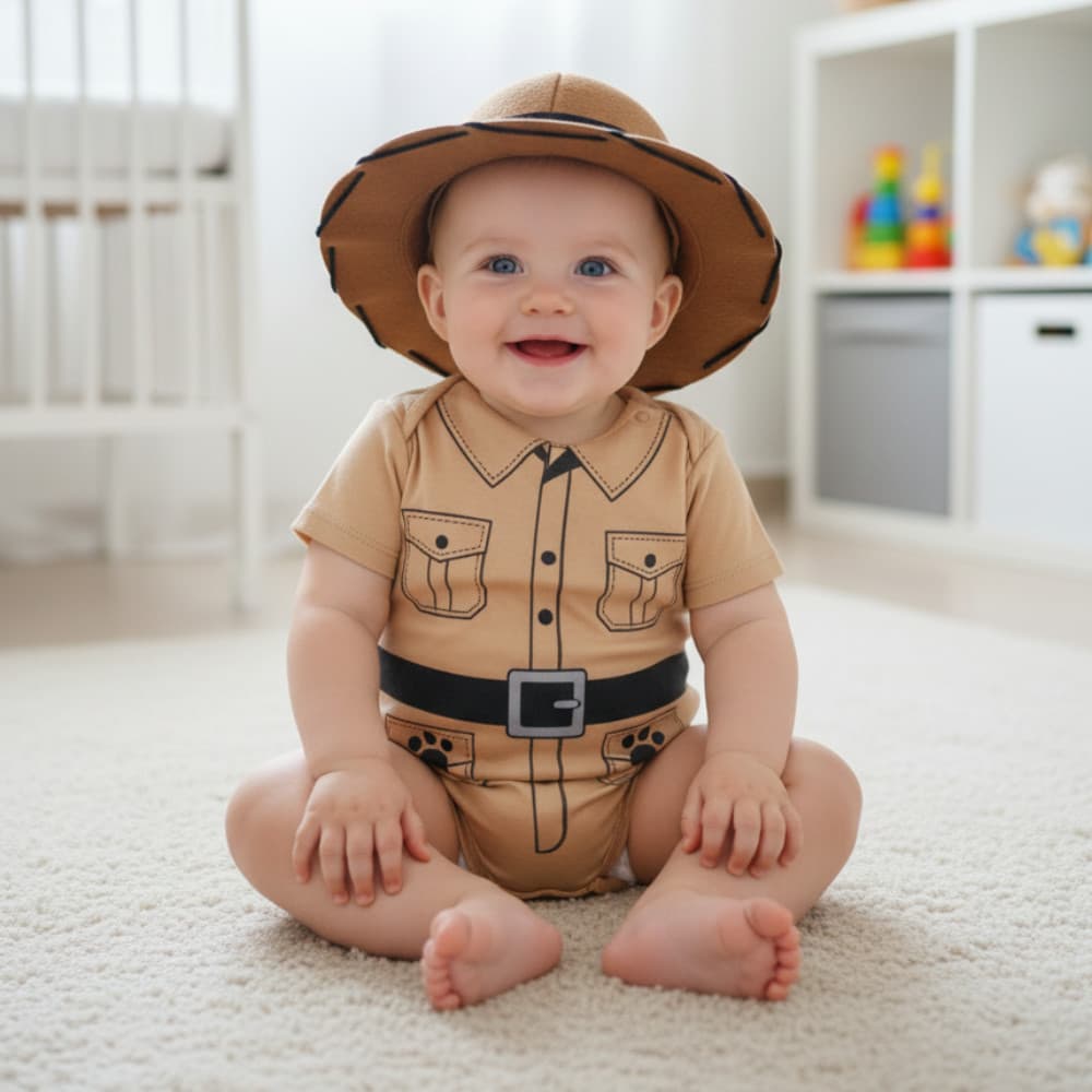 Kit body bebê safari + chapeu, roupa infantil mesversário menino 100% algodão