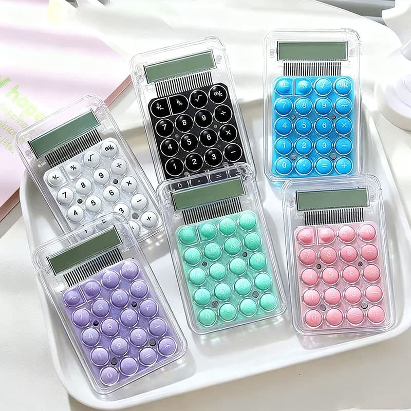 Mini calculadora transparente e fofinha de 8 dígitos com display silencioso