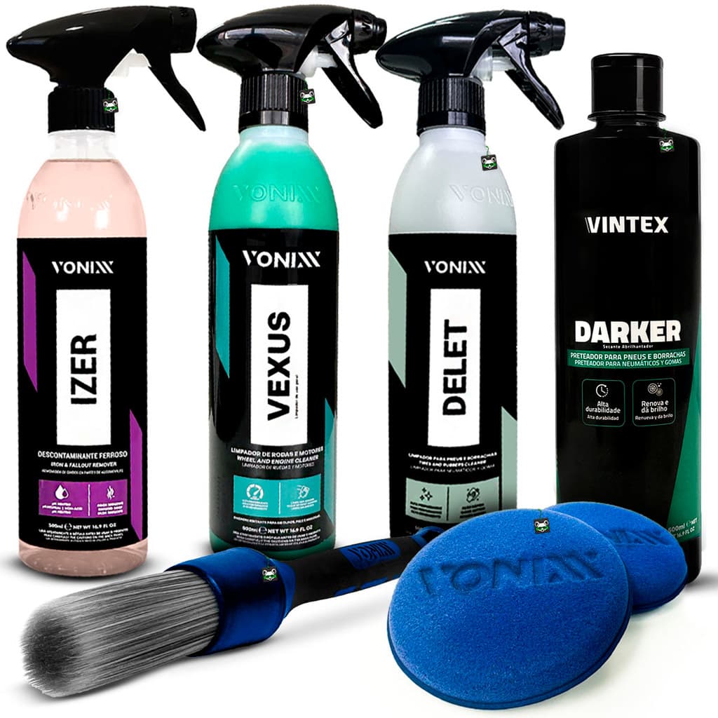 Kit Limpeza Pneu Pretinho Rodas Borrachas Darker + Delet + Vexus + Izer Descontaminante Ferrugem Vonixx