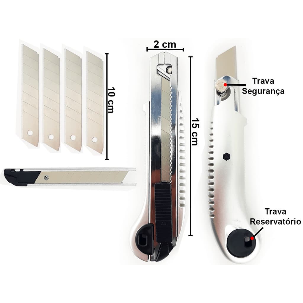 Kit 4 Estilete Largo de Metal e Plástico 18x100mm Com Reservatório Para Lâminas Trava de Segurança + Lâminas Extra