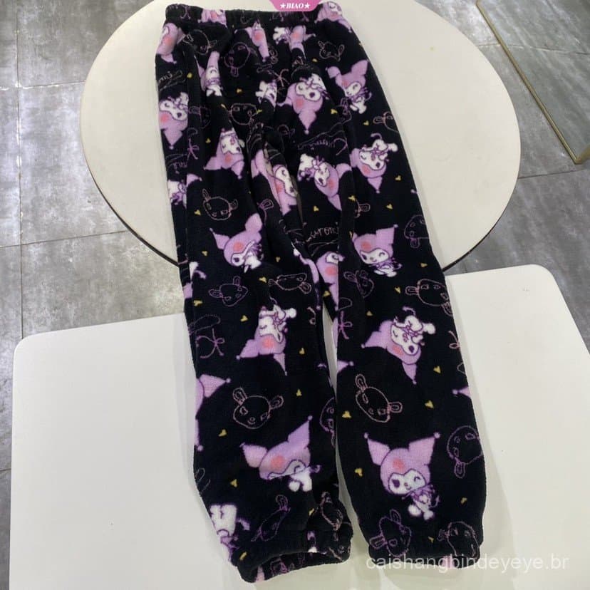 Pijamas Hello Kitty Kuromi Calças de Flanela Fofas de Desenho Animado Mulheres Outono Inverno Espessadas Quentes Estilo