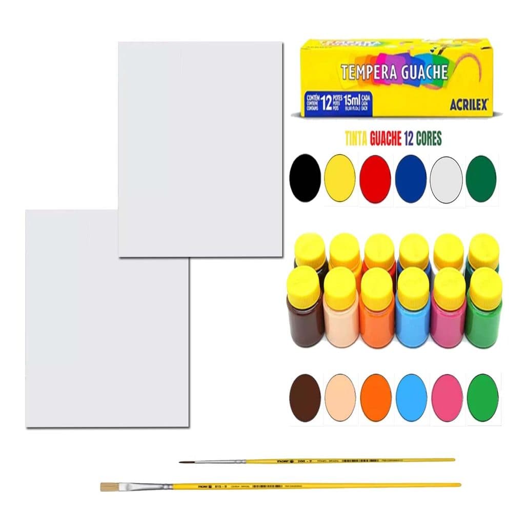 Kit 2 Telas 20x30cm + 2 Pinceis + Tinta Guache 12 Cores
