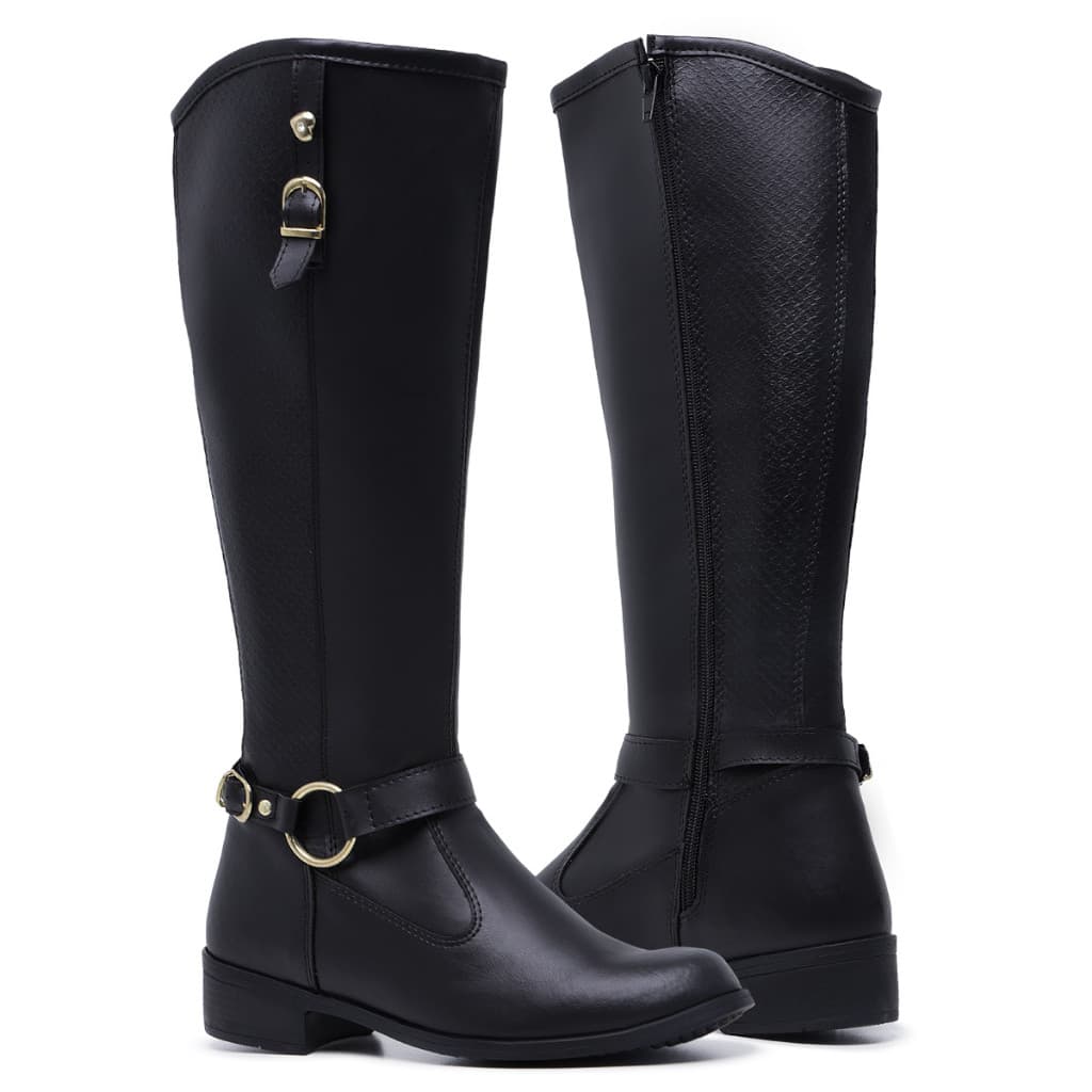 Bota Feminina Montaria Cores Com Fivela Confortável Casual Cano Alto Com Zíper Lateral