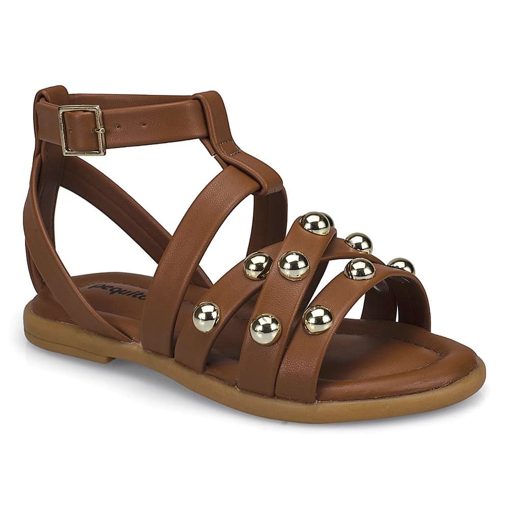 Sandália Infantil Menina Rasteira Esferas Metal Fivela Confortável Leve 15211 Pequito