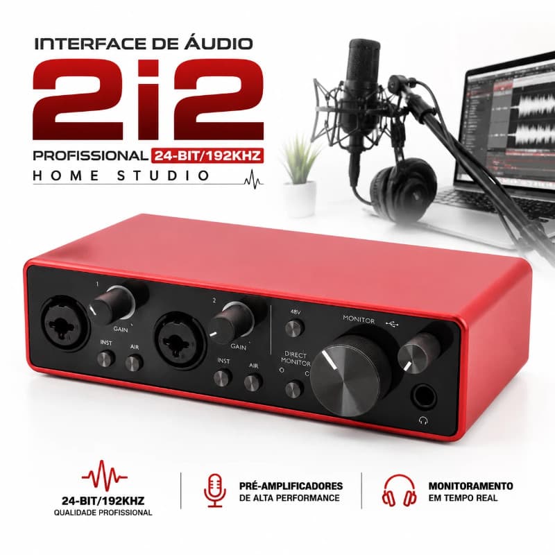 Interface De Áudio USB 2i2 Profissional 24-bit/192kHz Home Studio