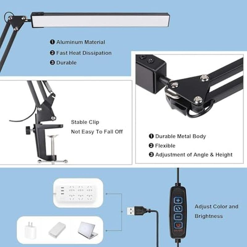 Lâmpada De Mesa LED Com Braçadeira , Braço Oscilante Ajustável , Rotação De 360 Graus , Alimentada Por USB , Metal Preto