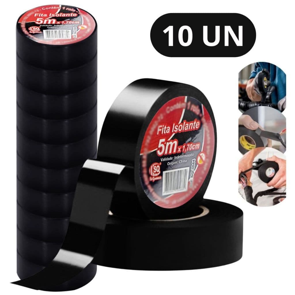 Fita Isolante Adesiva 5 Metros 1,70cm Kit 10 Fitas Para Fios Cabos Reparos Emendas