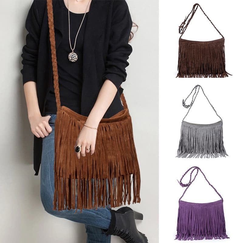 Bolsa de Ombro Feminina de Couro Twupb com Franjas, Ajustável com Alça Trançada Flexível / Estilo Étnico / PU / Cor Sóli
