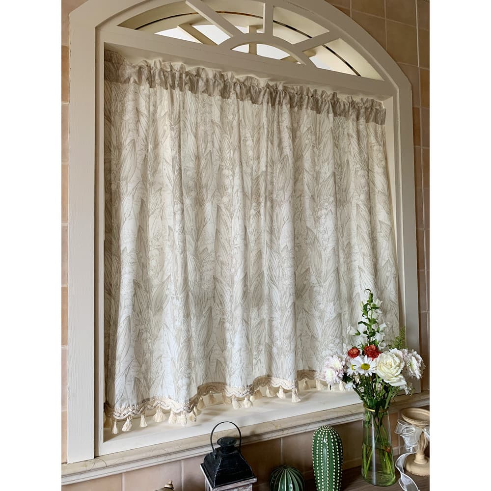 Cortina estilo creme francês nórdico americano, Semi-sombreamento, borla, transparente, sem perfuração, Velcro, porta, v
