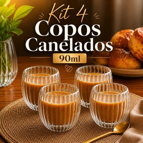 Kit 4 Xicaras Vidro Duplo Canelado Chá Café 90ml Transparente