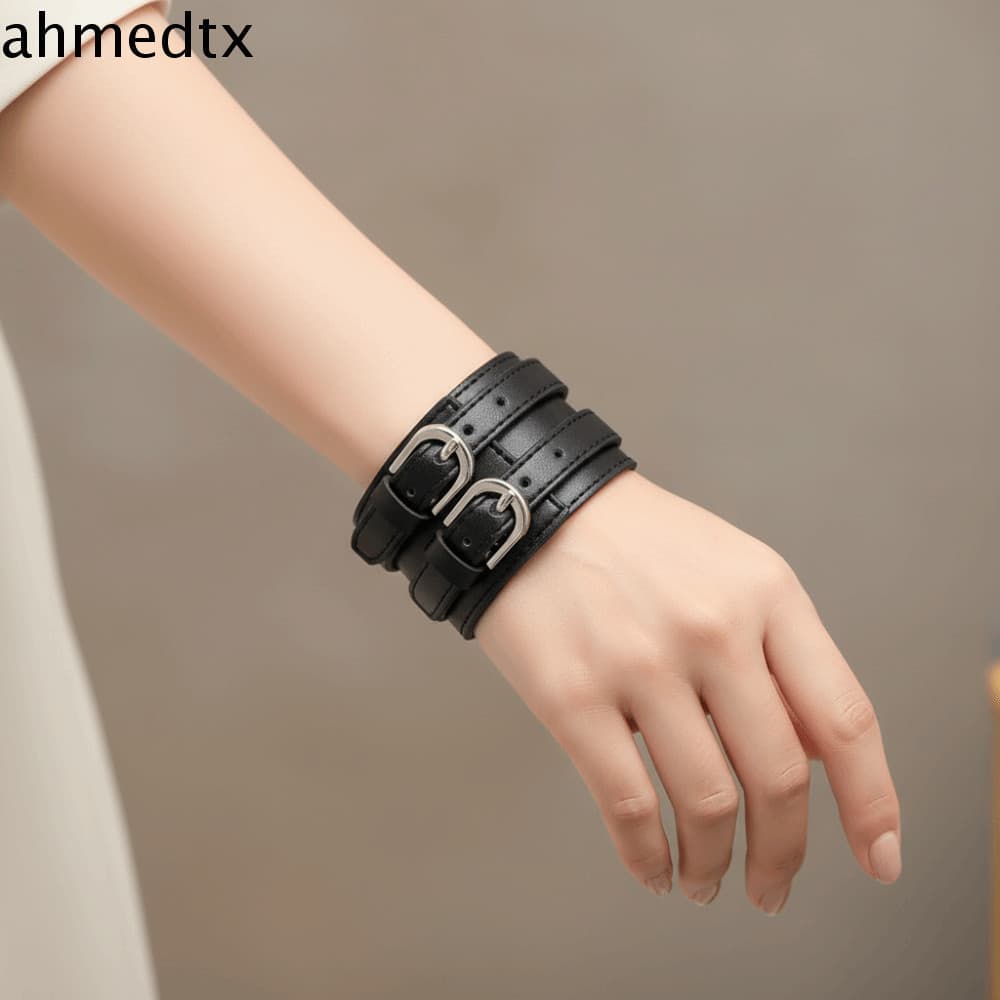 Pulseira De Couro De Alça Dupla AHMEDTXB , Geométrica Estilo Euro-Americano Com Design De Cinto De Duas Fileiras , Punk