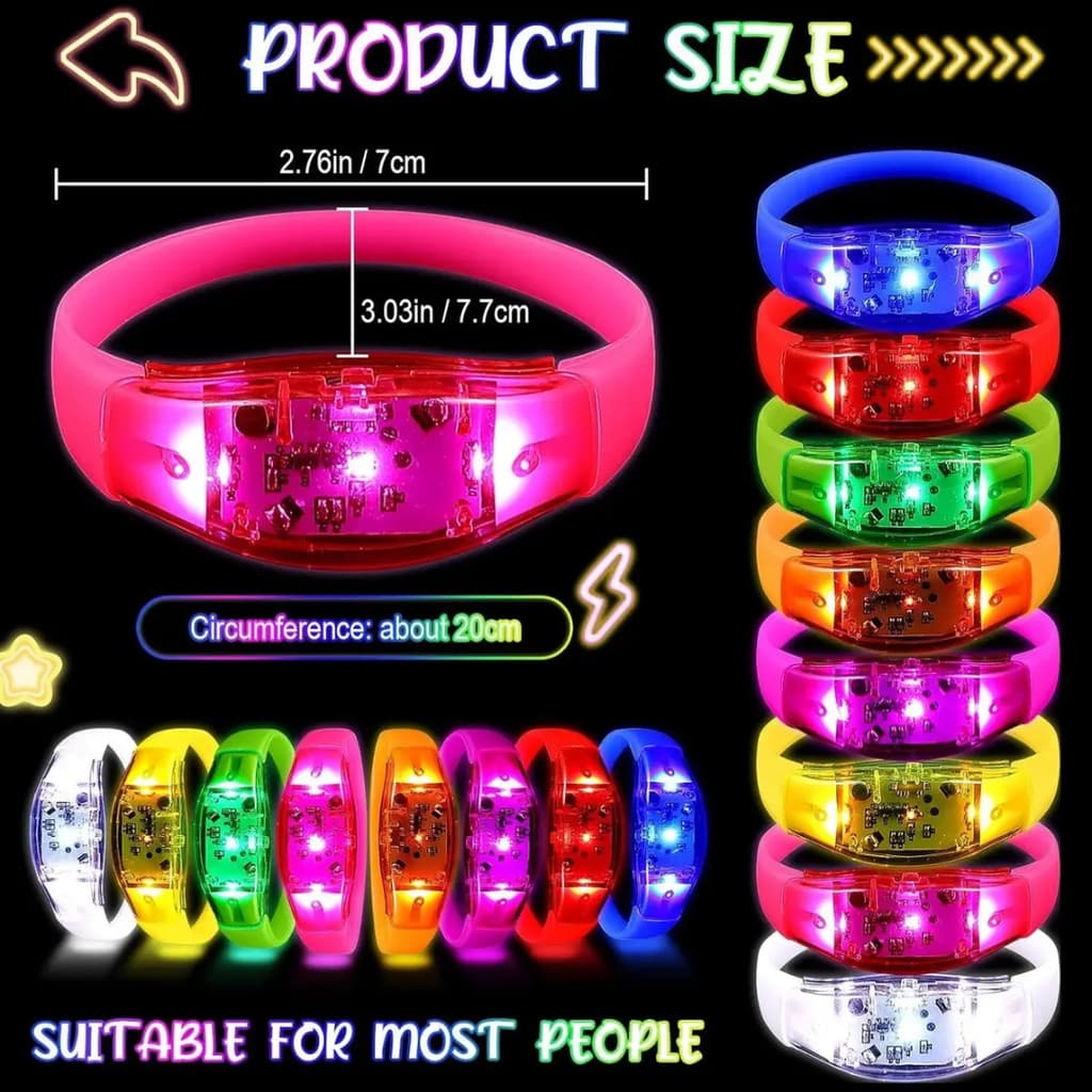 Kit Pulseiras com Luzes LED Sincronizadas com o Som Aniversário, Festas, Eventos, e Diversão
