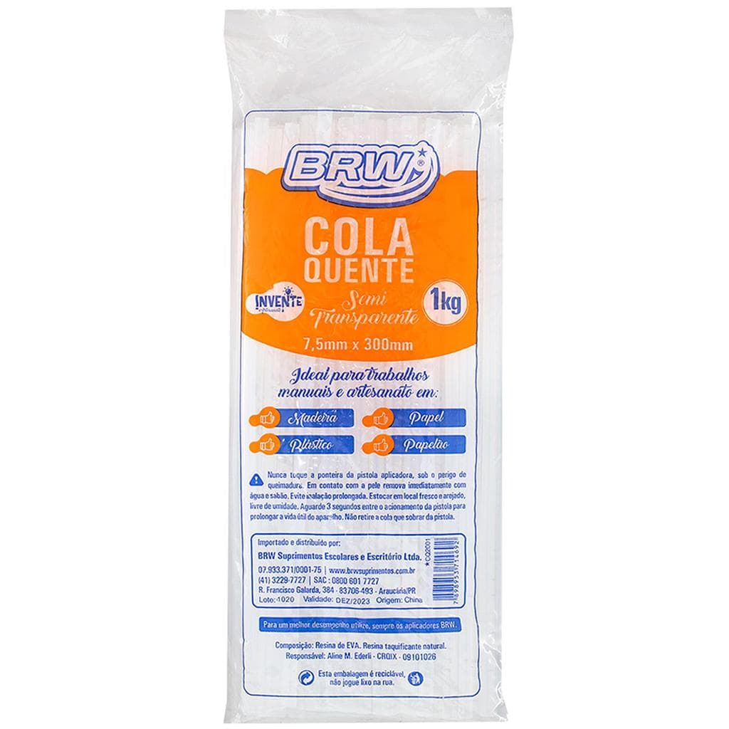 Bastão de Cola Quente Fino Semi Transparente BRW 300mm Comprimento 7,5mm Largura Pacote com 1kg