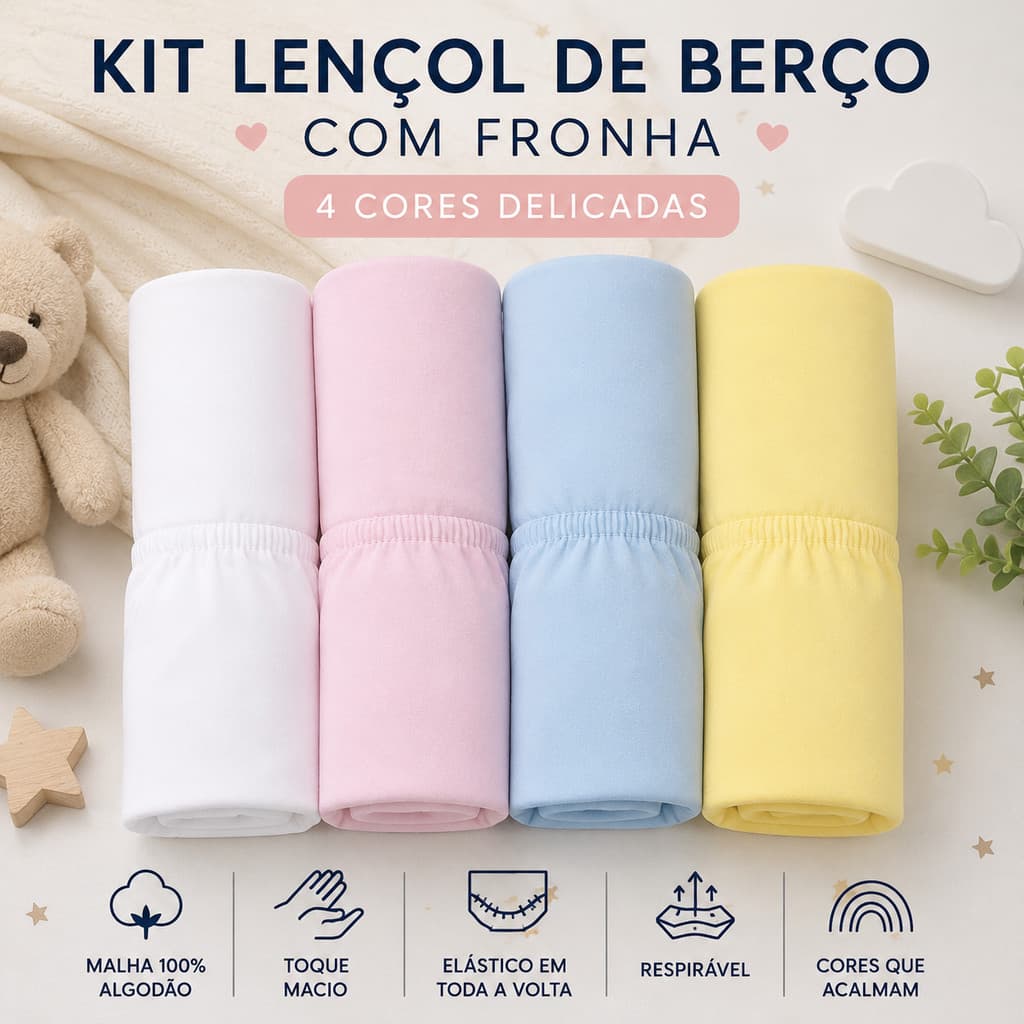 Kit 3 Lençol Berço 100% Algodão Elástico Toda Volta com Fronha 70x130x12 Bebê
