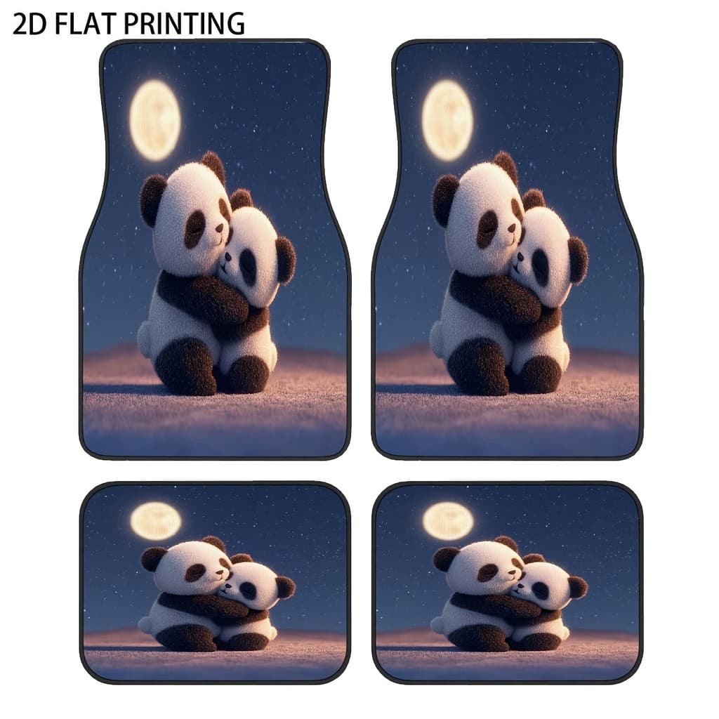 Tapetes para pés de carro de 4 peças, materiais de impressão de padrão romântico Moonlight Panda Embrace, tapetes univer