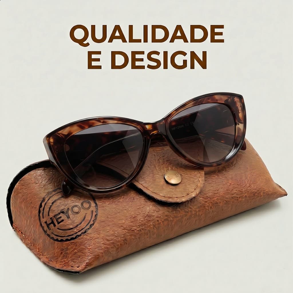 Heyoo Óculos de sol unissex armação preta brilhante modelo cat eye resistente