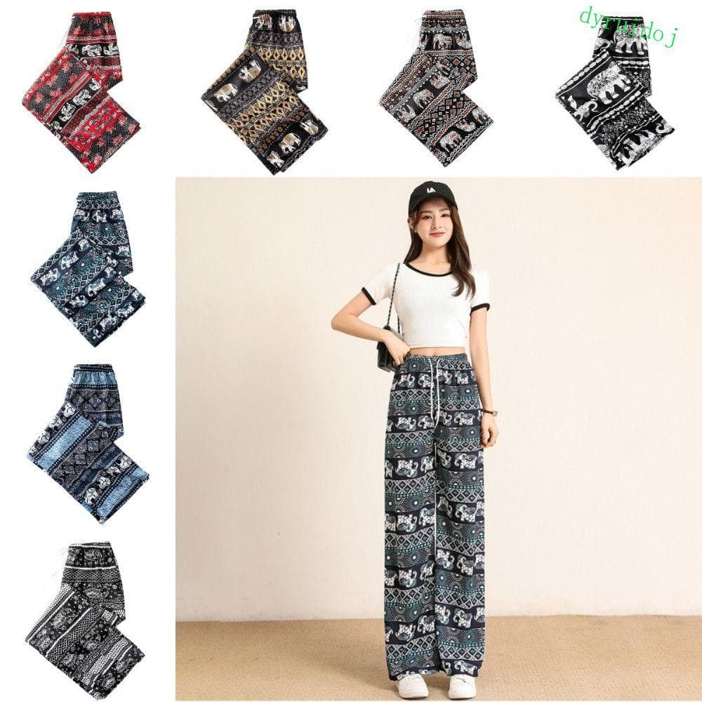 DYRUIDOJ1 Calça Estampada De Elefante Tailandês , Confortável Colorida De Perna Larga Para Mulheres , Padrão Boho