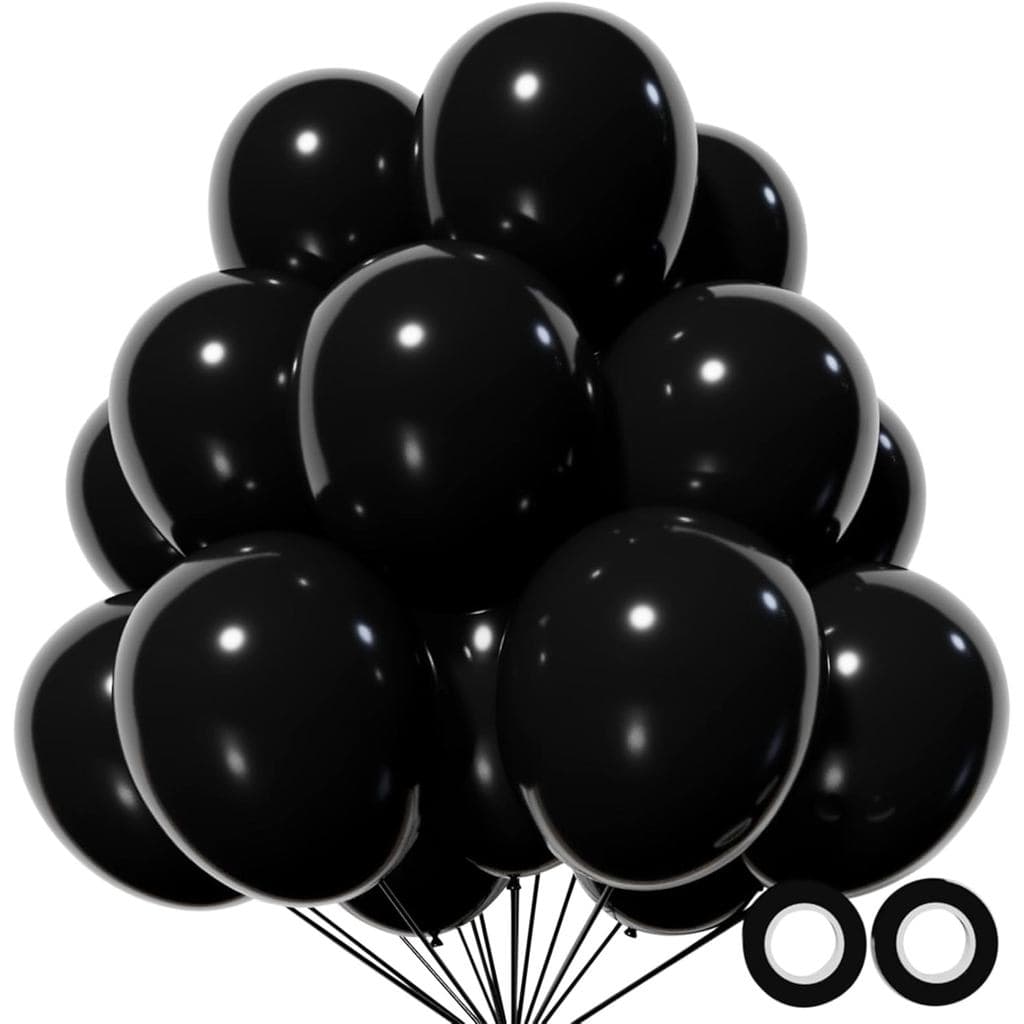 110 balões pretos de 12 polegadas, balões de látex pretos para festa de aniversário, chá de bebê, casamento (com 2 fitas