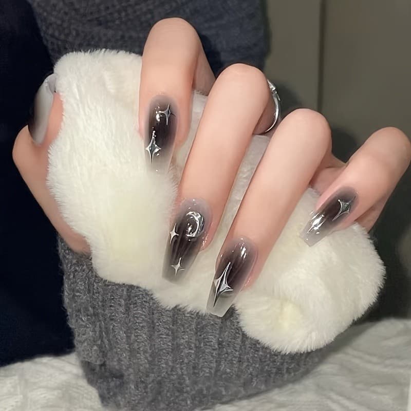 24 pçs tipo Push prego falso peça de unhas falsas médio longo Ballet prego escuro quente estilo menina Blush prego prata