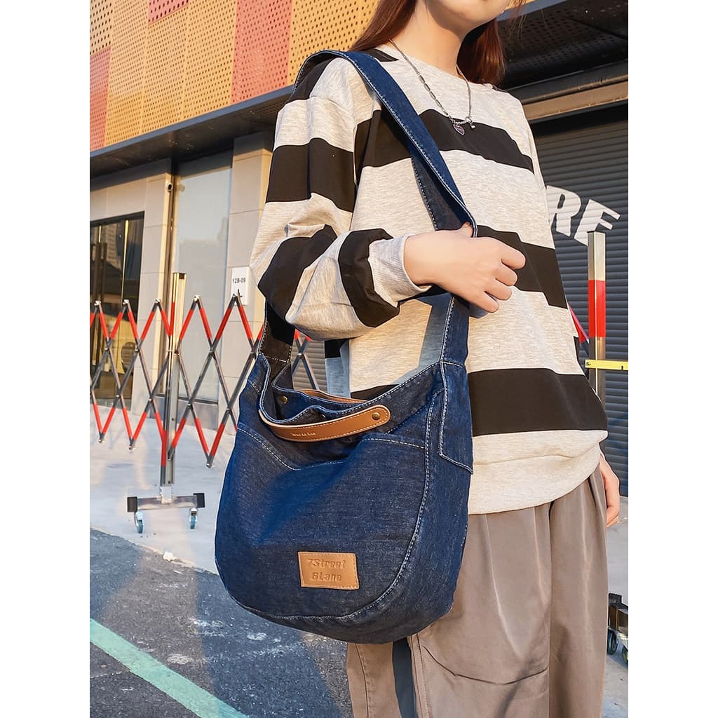 Bolsa de lona jeans de grande capacidade feminina 2026 novo estilo japonês Retro estudante classe saco Casual ombro Mess