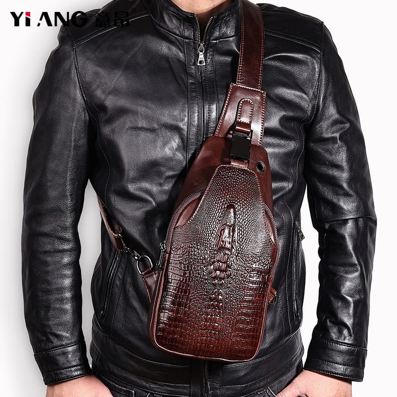 Primeira camada de couro saco de peito masculino saco do mensageiro Retro couro puro moda passeio leve Multi-bolso bolsa