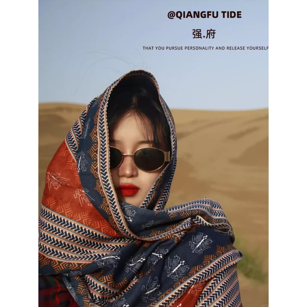 Novo estilo estilo étnico Yunnan Xinjiang tibetano viagem foto xale feminino deserto protetor solar Baotou algodão linho