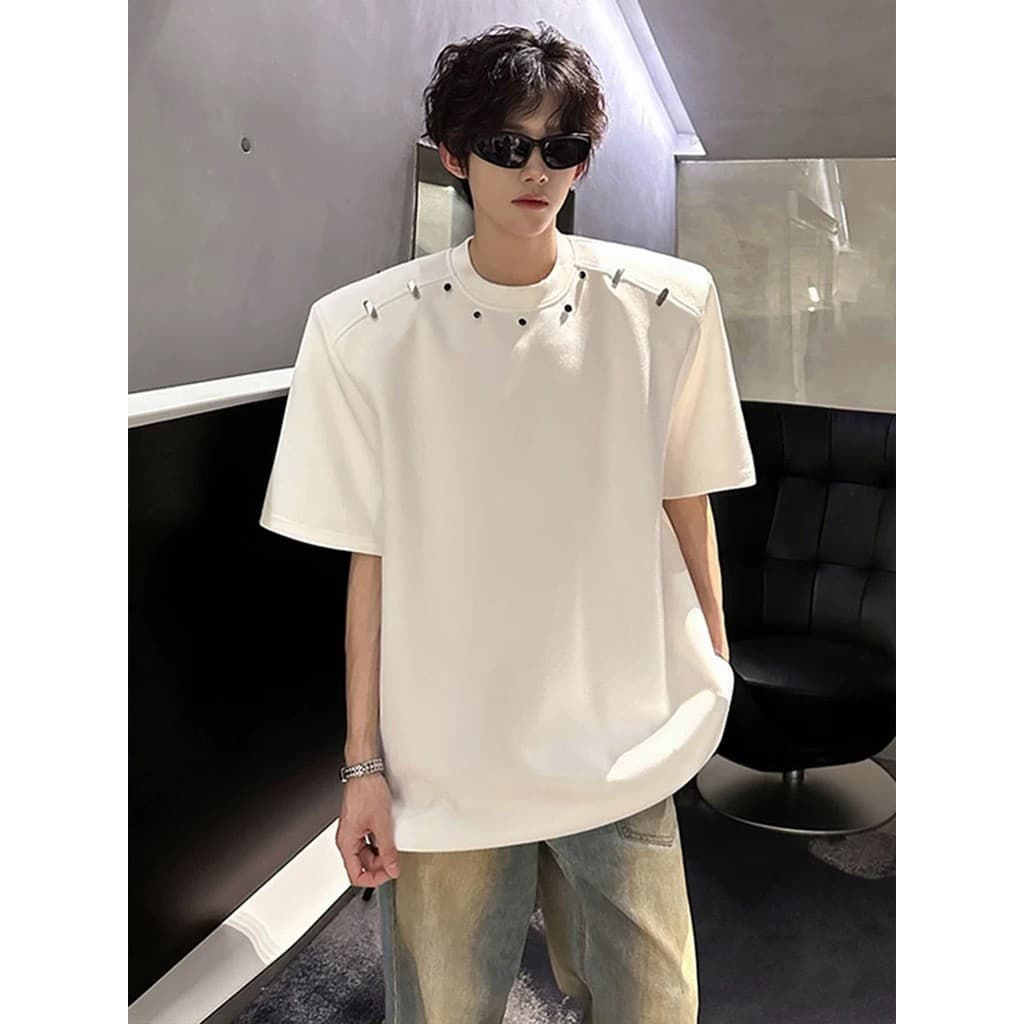 Americano high street Metal botão ombreiras de manga curta camiseta masculina verão novo estilo street Wear high-End ruf
