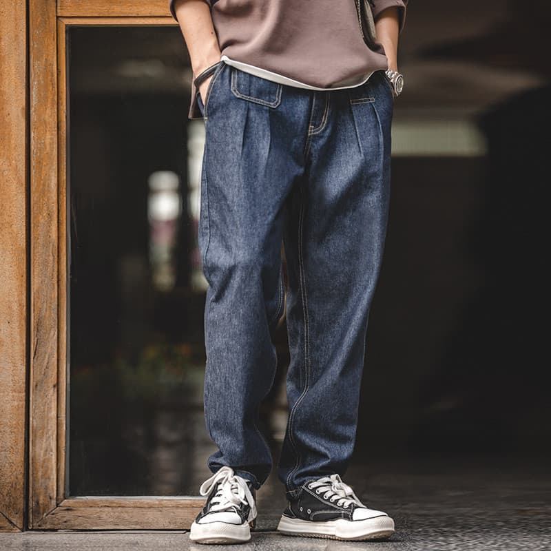 Ferramentas modernas japonês Retro Denim lavado escuro meados de cintura cônico Jeans solto calças compridas masculino o
