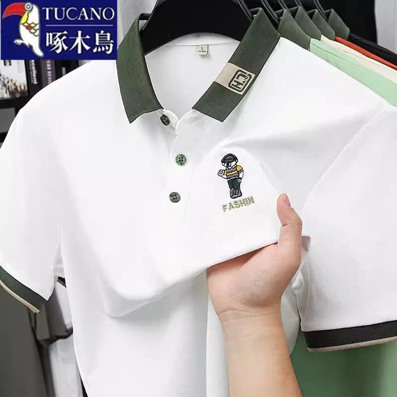 Woodpecker verão novo estilo High-End bordado negócios Casual camisa polo masculina de manga curta contraste cor lapela