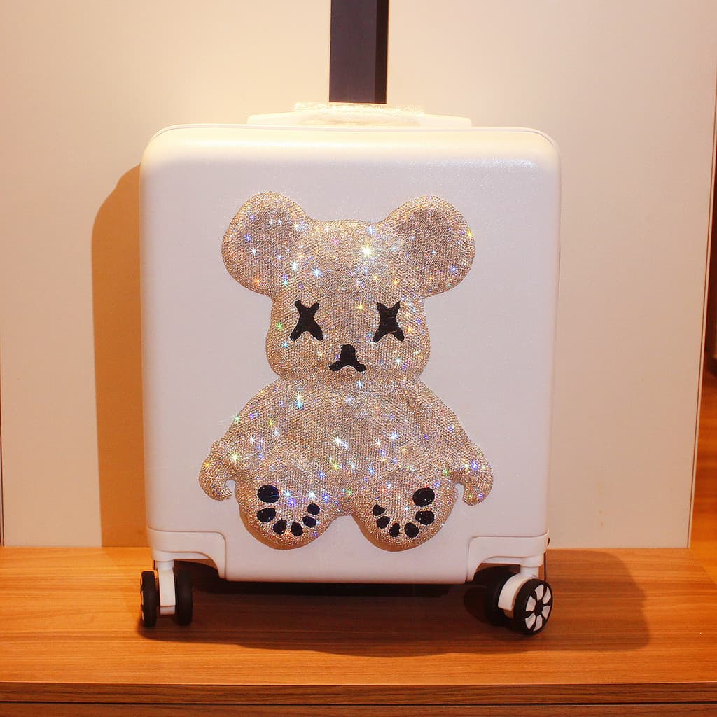 Mala leve com urso violento cravejado de diamantes, pequena, 60cm, carrinho de viagem para crianças, Mini capa de couro
