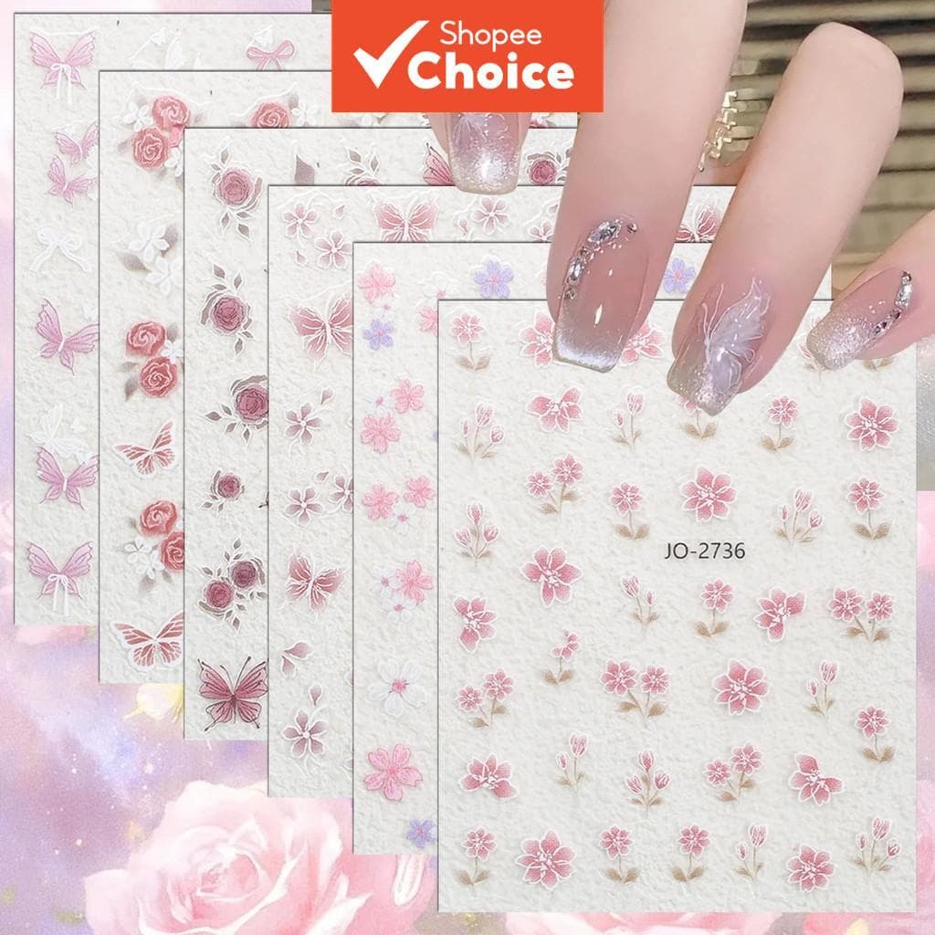 3/6/12 Folhas de Adesivos para Unhas Artísticas 3D Florais Rosa, Decalques de Flores e Borboletas em Relevo, Enfeites
