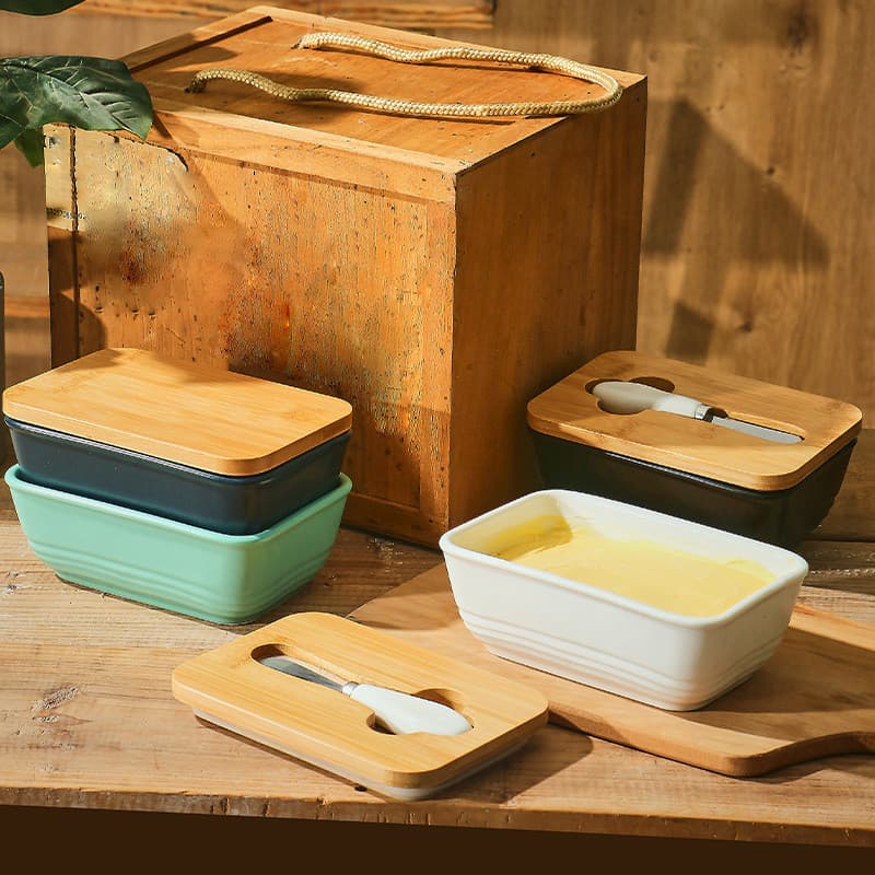 [Estoque pronto] Caixa de manteiga quadrada simples Caixa de armazenamento de cerâmica com tampa Caixa de embalagem de m