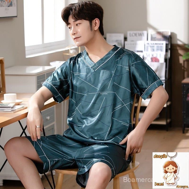 Ready Stock Ice Pijama De Seda Pulôver Verão Manga Curta Estilo Fino Imitação Homem Casual Plus Fato