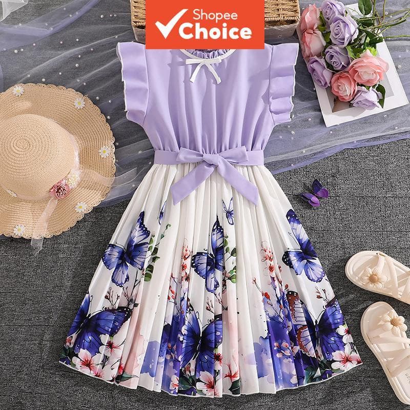 Vestido borboleta de verão para meninas de 8 a 12 anos, roxo, com mangas babado e cinto de laço, estilo elegante para o