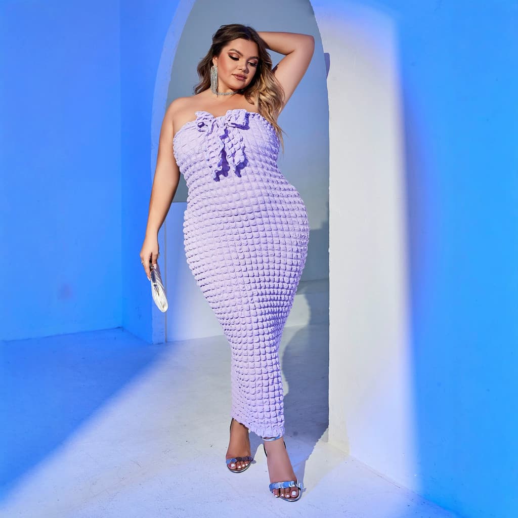 Vestido longo feminino plus size, roxo, de tecido texturizado, sem alças, estilo europeu e americano, com laço, ajustado