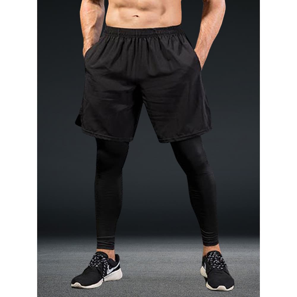 F Calças esportivas falsas de duas peças masculinas ao ar livre jogando Leggings de treinamento alta elástica respirável