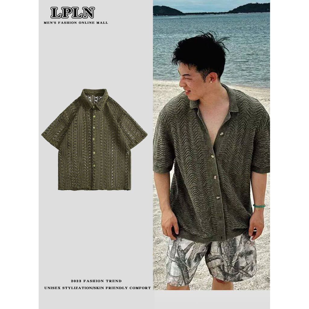 LPLN High-End oco gola cubana camisa de manga curta masculina verão novo estilo solto Casual Retro camisa de meia manga