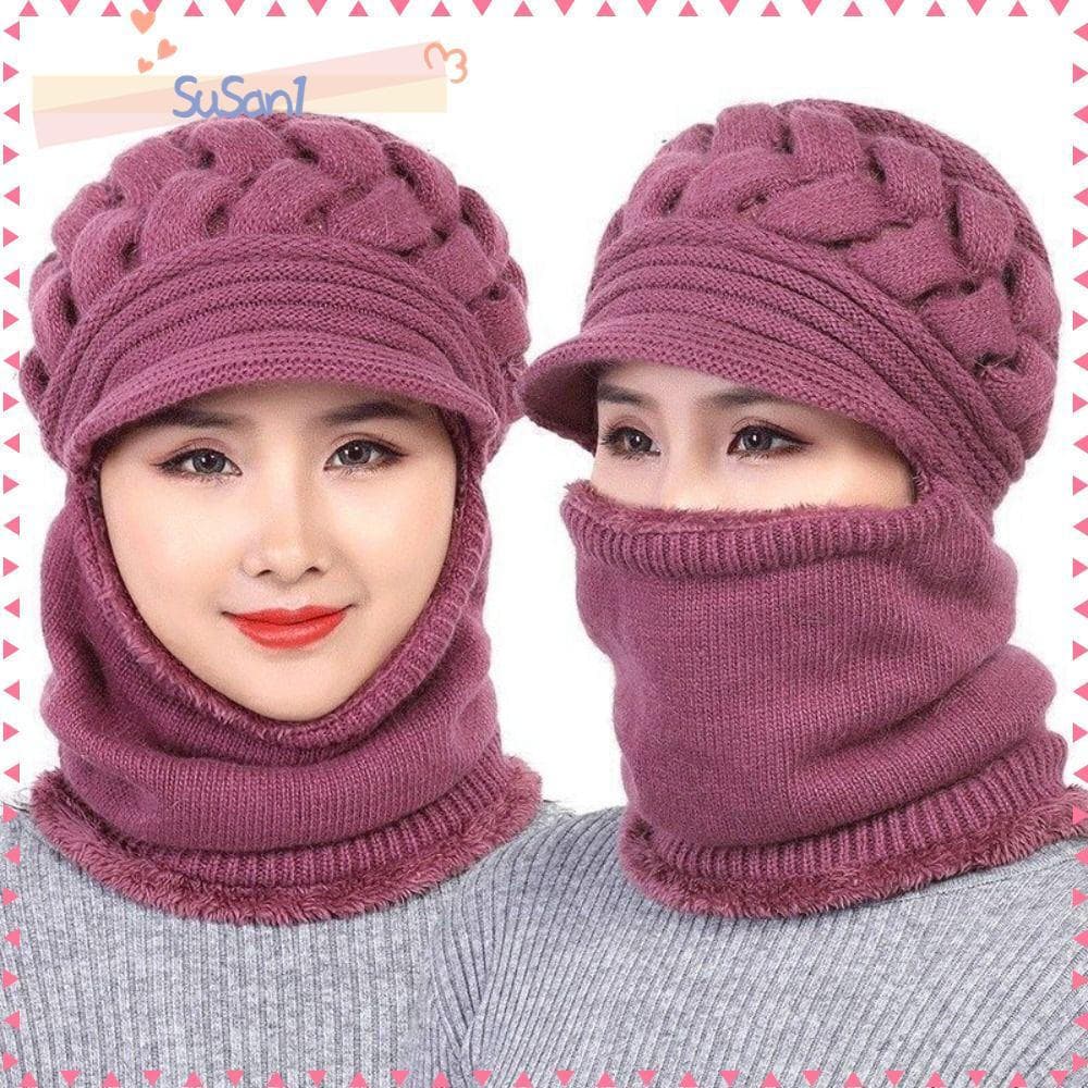 LUCKY-SUSAN1 Gorro com Cachecol, Chapéu de Inverno Feminino Feito de Lã Tricotada, Aquecedor de Pescoço, Balaclava PN4W