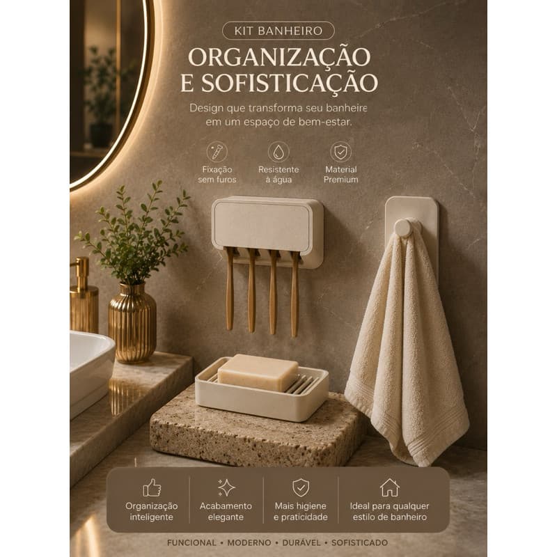 kit organizador de banheiro saboneteira gancho para toalha porta escova de dentes