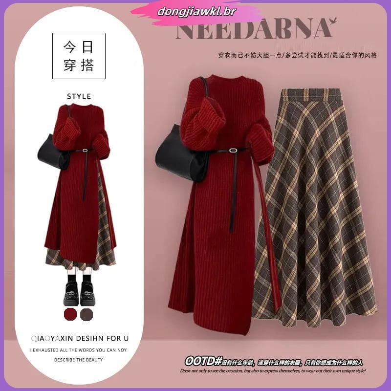 Ano Novo E # 39 ; s outfit Com Aparência Gigante , Roupas De Inverno , Vestido De Malha Vermelha , Saia Xadrez Retrô Exc